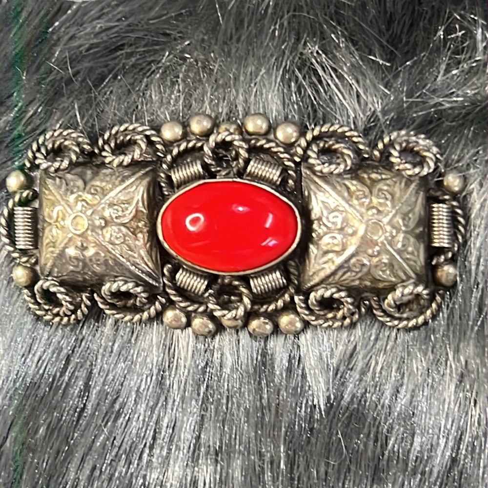 Vintage Ascoli Piceno,Italy Silver Scrollwork Brooch/Pin with Red Cabochon Stone